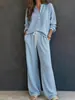 2026 Novo Moda Feminina Europeia e Americana Transfronteiriça Estilo Casual Preguiçoso Retrô Conjunto de Camisa de Manga Longa Lisa e Calça de Waffle