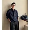 Camisa de trabajo azul oscuro con cuello mao para hombre, manga larga, top chic de principios de otoño, sensación de alta gama, estilo pícaro y fresco, camisa casual holgada