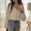 Camisa Feminina Longa com Renda, Cadarço, Pregas e Babados Estilo Coreano Chic