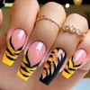 Uñas Portátiles Más Vendidas Transfronterizas, Pegatinas para Uñas Patrón Tigre Amarillo y Negro de Longitud Media, 24 Piezas, Uñas Postizas Portátiles Desmontables al por Mayor