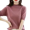 Camisa básica de tricô da moda, versátil para primavera e outono, novo top justo de cinco mangas, gola alta solta, estilo feminino de manga média