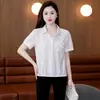 Camisa de Chiffon de Manga Curta para Mulheres no Verão, Novo Estilo, Camisa Elegante e Rejuvenescedora, Top Curto Verde da Moda para Mulheres