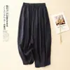 279 # Calça lanterna de algodão e linho de cor sólida artística para mulheres, primavera-verão, cintura elástica, cordão, modelagem solta, tamanhos grandes, calça casual cropped de perna larga