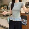 Camiseta de Manga Corta con Bordado en el Hombro Derecho y Encaje Empalmado para Mujer en Verano, Diseño Estilo Bm, Top Único y Hermoso, Aspecto Adelgazante y Aspecto Adelgazante