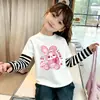 Top Patchwork Duas Peças de Verão para Crianças Maiores, Roupa de Verão para Meninas, Estilo Doce Desenho Animado Camiseta de Manga Longa 100% Algodão