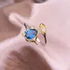 Anel de Topázio Azul Londres prata s925 cravejado ouro duplo design aberto Cor de cristal de raposa tesouro joia de mão