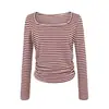 Camiseta Manga Longa Listrada Estilo Puro Desejo Gola Quadrada Cintura Marcada com Franzidos Outono Nova Chegada Versátil Slim Fit Top Curto Camada Base para Mulheres