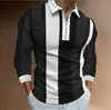 Nueva camiseta polo casual cómoda de primavera y otoño transfronteriza con estampado 3D, manga larga, cremallera, rayas y cuello camisero, camiseta polo para exteriores