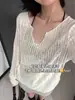 Camisa feminina fina de outono, estilo francês, decote V transparente, manga longa, protetor solar, solta e elegante, top puro e sensual