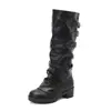 Botas de Cuero para Mujer de 35-45 Otoño-Invierno, Punta Redonda, Sin Cordones, Suela Gruesa, Antideslizantes, Estilo Europeo y Americano, Tacón Medio, Talla Grande, Color Sólido, Botas de Monta