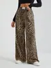 Pantalones Casuales Rectos Estampado de Leopardo Europeos y Americanos de Amazon Transfronterizos 2024 Nuevos de Cintura Alta Sueltos de Pierna Ancha Largos