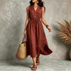 Vestido de verão sem mangas com decote V, feito sob medida para mulheres, em algodão e linho, com cintura de cordão, bolsos grandes, fendas laterais e comprimento médio para um visual elegante.