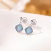 Pendientes de botón Yilu de Plata de Ley S925 con Aguamarina, Versátiles Cuadrados Geométricos Azules Frescos y Elegantes Pendientes de Plata