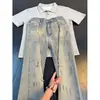 Jeans retro americanos con salpicaduras de tinta y efecto desgastado para hombre, pantalones rectos de pierna ligeramente acampanada, lavados vintage de moda para primavera