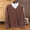 Suéter de Punto de Cachemira Casual Cálido de Otoño e Invierno para Hombre de Lana Pura, Cuello en V, Holgado, Grueso, Trenzado, Pulóver