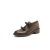 Zapatos de piel de vacuno con doble lazo muy artísticos y dulces primavera 2025 tacón medio grueso punta redonda cuero boca profunda zapatos de una sola capa para mujer