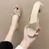 Talla 42 Pantuflas de Verano para Mujer de Moda Tacón Medio Ante Una Tira Tacón Grueso Estilo Coreano Slip-on Sandalias de Tacón Alto para Mujer