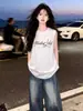 Camiseta Colete Esportivo Sem Manga Estilo Americano Novo de Verão para Mulheres, Top de Algodão Puro com Estampa de Leopardo e Letras Tendência para Casais