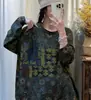 Tricô de Algodão com Gola Redonda Estampado Retrô para Mulheres no Outono e Inverno, Solto Tamanho Grande, Estilo Ocidental, Top que Emagrece e Rejuvenesce, Manga Longa
