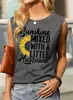 E-commerce transfronteiriço Amazon nova camiseta feminina redonda sem mangas com estampa de girassol, sol e um pouco de vento forte