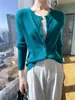 Cárdigan de Punto Fino 100% Lana para Mujer, Color Sólido, Cuello Redondo, Suéter Elegante y Versátil, Prenda Superior de Lana para Primavera y Otoño