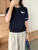 Top de punto de algodón con bordado, estilo universitario, color-blocking estilo americano, manga corta para mujer, camiseta básica de verano con cuello redondo y hombro normal, manga corta