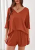 Conjunto de Dos Piezas para Mujer 2026 Europeo y Americano Amazon, Top de Manga Media con Cuello en V y Shorts, Traje Casual para Viajes de Verano y Ropa de Playa