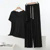 Pijama para mujer de talla grande para usar al aire libre, conjunto de dos piezas para casa para primavera y verano, conjunto de top de manga corta con cuello en V de modal con bolsillos y pantalones de pierna ancha