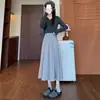 Saia Mochi Cinza H560 para Mulheres, Saia Midi de Malha Estilo Preppy, Cintura Alta Emagrecedora Linha A, para Primavera e Outono