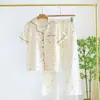 Pijama para Mujer Primavera y Verano Algodón Manga Corta Pantalones Delgado Crepé Cárdigan Puro Algodón Ropa de Casa Conjunto Fresco Primavera y Verano