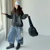 Conjunto de Tres Piezas para Niñas Otoño Nuevo Estilo Estilo Americano Sudadera con Capucha Chaqueta de Mezclilla Pantalones de Trabajo Rayados Estudiante de Secundaria Pantalones de Pierna Ancha Chaqueta