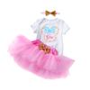 Nova Roupa de Verão para Crianças de 0-2 Anos Roupa de Bebê com Manga Curta Estampada de Desenho Animado Conjunto de Três Peças com Saia Tule de Rede