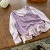 Blusa falsa de duas peças para meninas, coleção de outono, blusa de renda de bolinhas infantil, design estiloso de retalhos de manga longa