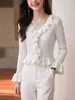 Nuevo Suéter de Punto con Cuello Volante Blanco para Mujer Otoño Manga Larga Adelgazante Vintage