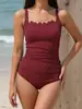 Traje de baño negro de estilo europeo y americano conservador, que cubre el abdomen, con borde ondulado para mujer, de dos piezas, Transfronterizo 2025, Realza el busto, Adelgaza los hombros