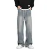 Jeans de pierna recta estilo americano con forro de polar para hombre, pantalones gruesos para otoño e invierno, marca de moda de alta calle unisex, corte holgado, talla grande