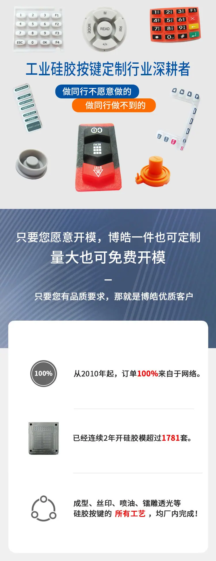 博皓硅胶专业定制硅胶按键，采用优质硅胶原料，支持多色滴胶与丝印工艺，广泛应用于电子电器控制面板，品质稳定可靠。