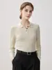 Nuevo suéter de punto para mujer, de manga larga, color liso, versátil, corte ajustado, 100% lana pura, con cuello camisero, para otoño e invierno