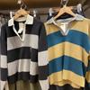 Suéter Casual Feminino Japonês de Algodão Liso com Gola Polo Listrado Tricot V-Neck Colorblock Suéter Top 476973