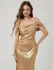Zt6368L Moda Europea y Americana Dorado Delgado Vestido Hombros Descubiertos Falda Larga Sexy Vestido de Banquete para Mujeres
