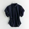 Mangas de Botones Florales Románticas Estilo Francés, Camisa Plisada Entallada a la Cintura, Sin Planchar, Sensación Fresca, Adelgazante, Suave Camisa Primavera-Verano para Mujer