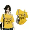 Camiseta Curta de Renda Doce Estilo Coreano com Alça de Ombro Único e Manga Curta para Mulheres, Top Versátil Bonito de Verão de Alta Qualidade