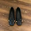 Sapatos Baixos Macios de Couro Estilo Francês para Vovó, Sapatilhas Rasteirinhas de Calçar com Bico Quadrado e Laço, Sapatos de Salto Baixo Brisa Suave da Noite para Mulheres