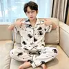 Pijama Infantil para Meninas e Meninos de Primavera e Outono, Manga Curta e Calça Longa, Roupa de Casa com Desenhos Animados para Crianças Maiores