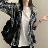 Chaqueta Camisera a Cuadros Retro de Estilo Coreano con Diseño Holgado, Capucha Empalmada y Manga Larga para Mujer