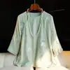 Camisa de Cuello Redondo Estilo Tang Mejorada Bordada Primavera y Verano Nuevo Retro Botón de Solapa Diagonal Casual Moda Nacional Nuevo Estilo Chino Top