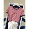 Camiseta de algodón puro, cuello redondo, manga corta, a rayas, para mujer, moderna y versátil, top estilizado, camiseta básica, nuevo modelo de verano 2026