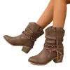 Botas de Mujer con Borlas Gruesas de Tacón Bajo Plisadas que Aumentan la Altura, Botas de Media Pantorrilla para Mujer de Estilo Europeo y Americano con Borlas y Punta Redonda Trenzada, Botas de Borlas