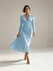 Vestido largo de manga larga para mujer, color liso, cuello en V fruncido irregular, nuevo de otoño e invierno, comercio exterior transfronterizo europeo y americano Amazon