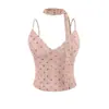 Camisola Verde Estilo Dopamina con Cuello en V y Lunares para Mujer, Ropa de Verano, Top Corto Ajustado Halter con Cintas